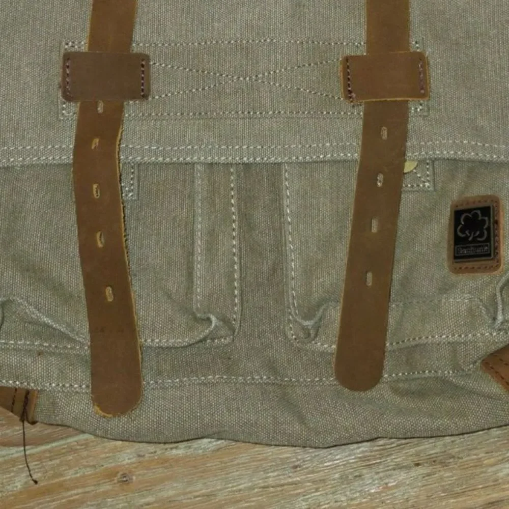 Sechunk Messenger Bag, Military style, leather, canvas, missing front buckles